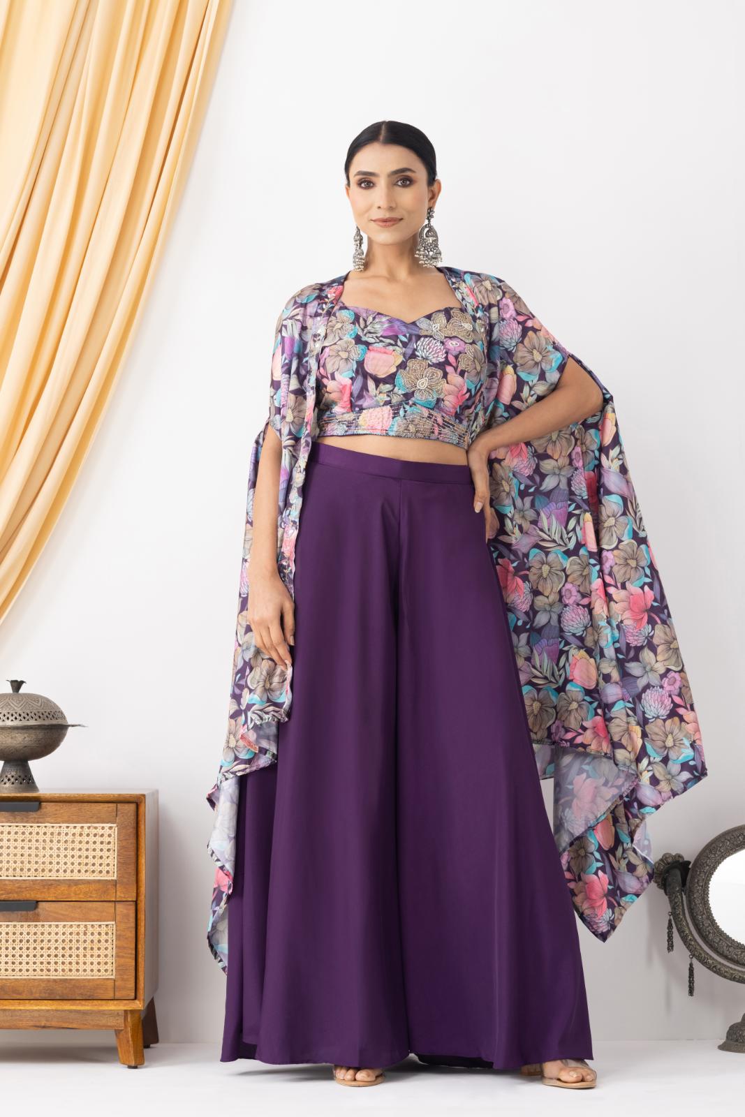 Purple Georgette Palazzo Set with Floral Cape