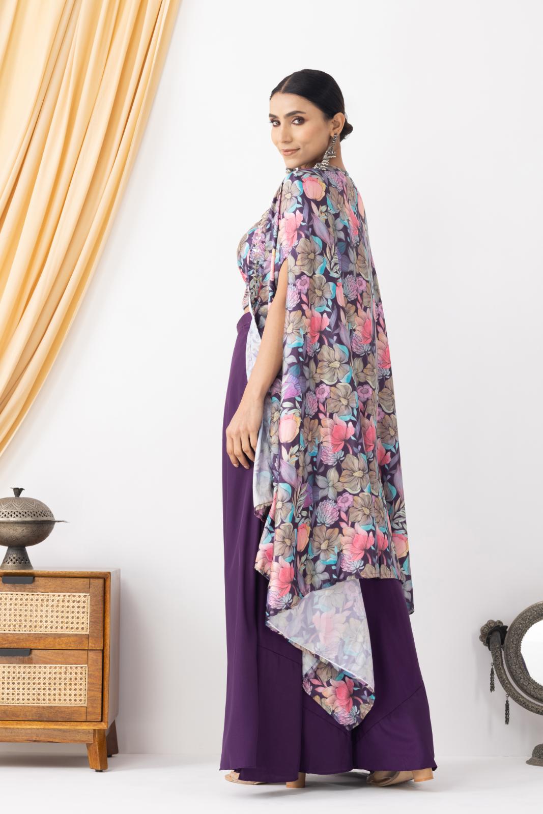 Purple Georgette Palazzo Set with Floral Cape