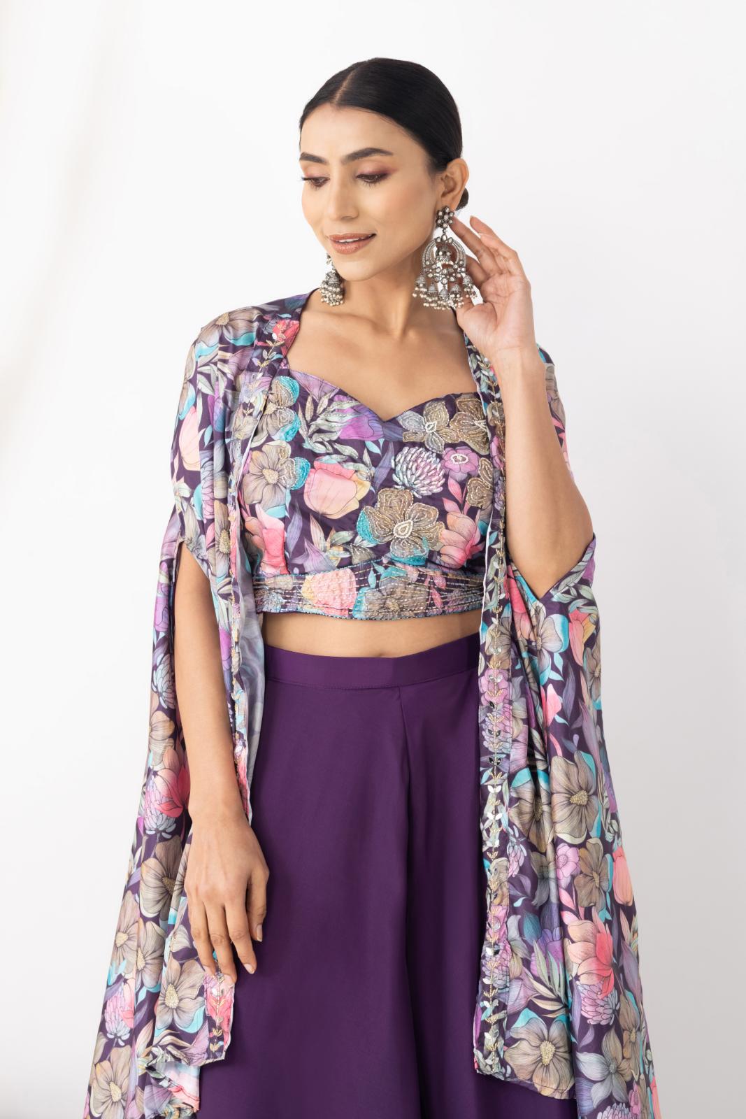 Purple Georgette Palazzo Set with Floral Cape