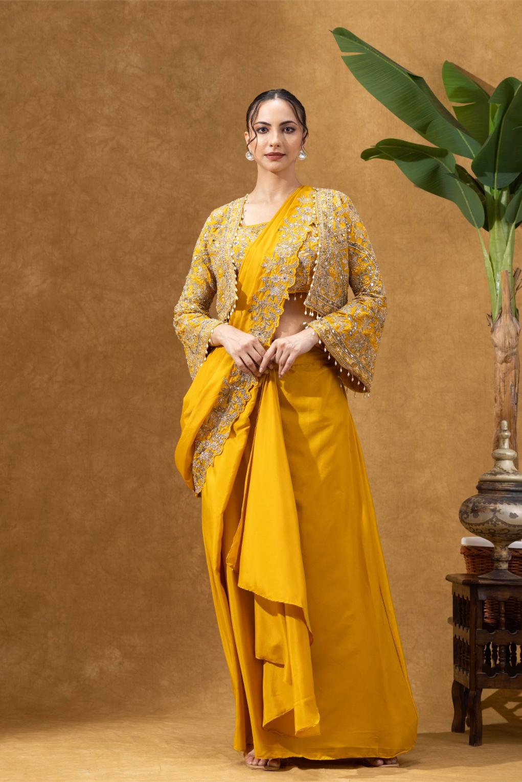 Yellow Royale Jacket Saree Set