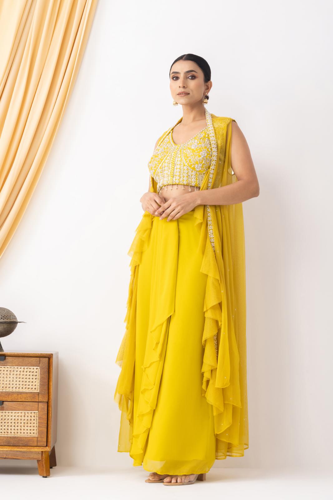 Yellow Embellished Cape Set with Pleated Skirt