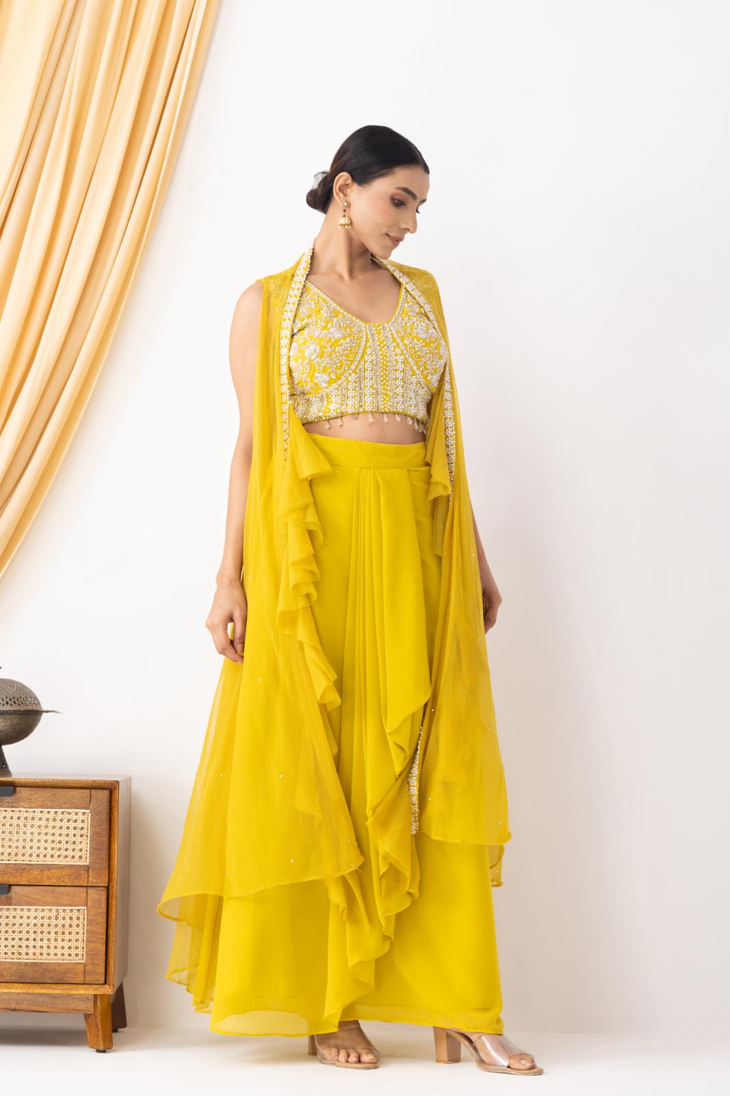 Yellow Embellished Cape Set with Pleated Skirt