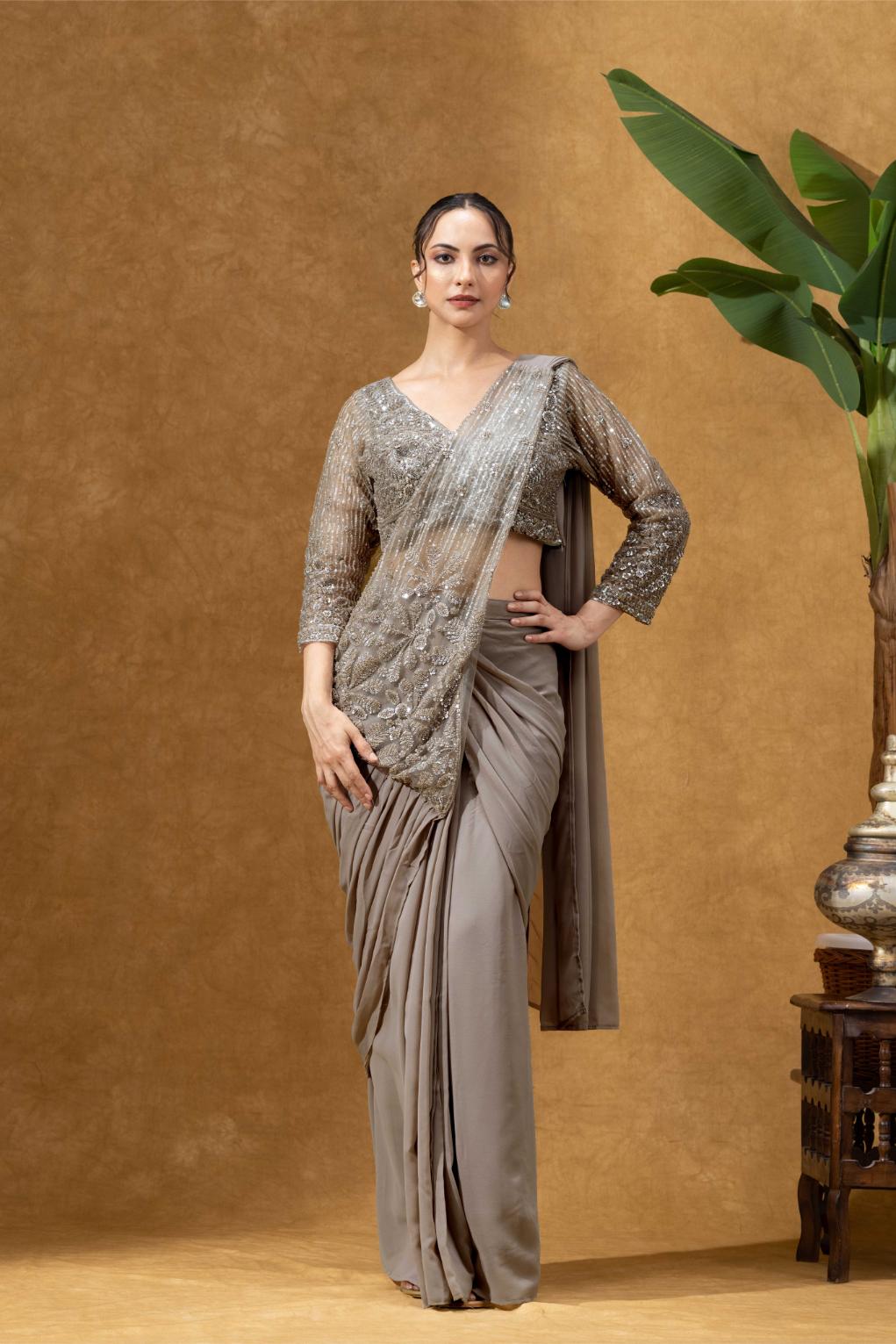 Shimmering Champagne Taupe Hand-Embellished Pre-Draped with Full sleeves Blouse