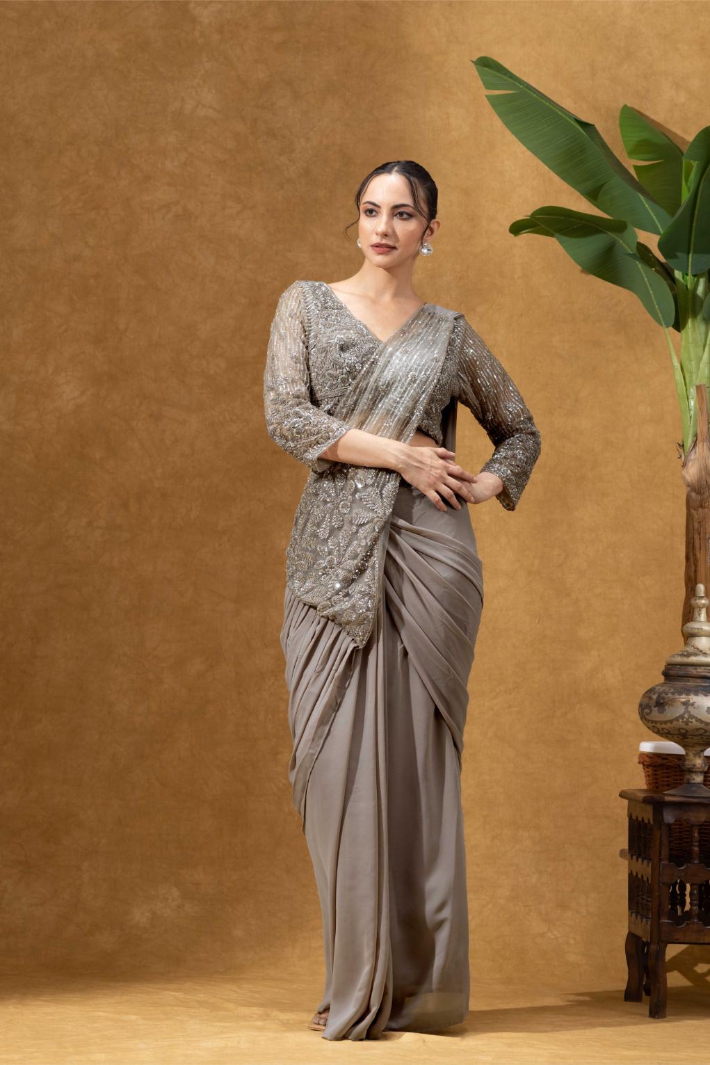 Shimmering Champagne Taupe Hand-Embellished Pre-Draped with Full sleeves Blouse