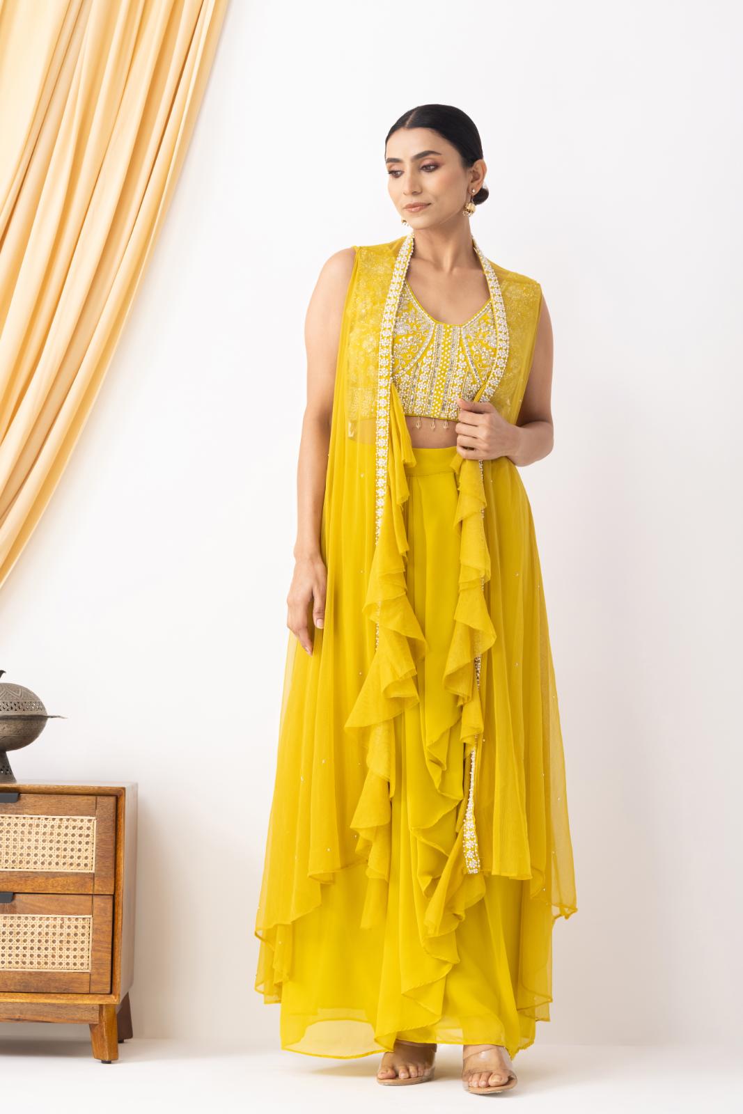 Yellow Embellished Cape Set with Pleated Skirt