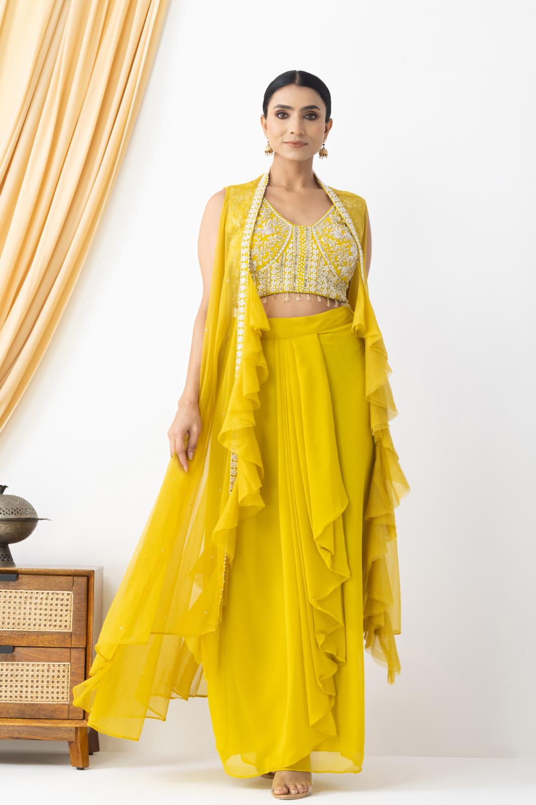 Yellow Embellished Cape Set with Pleated Skirt