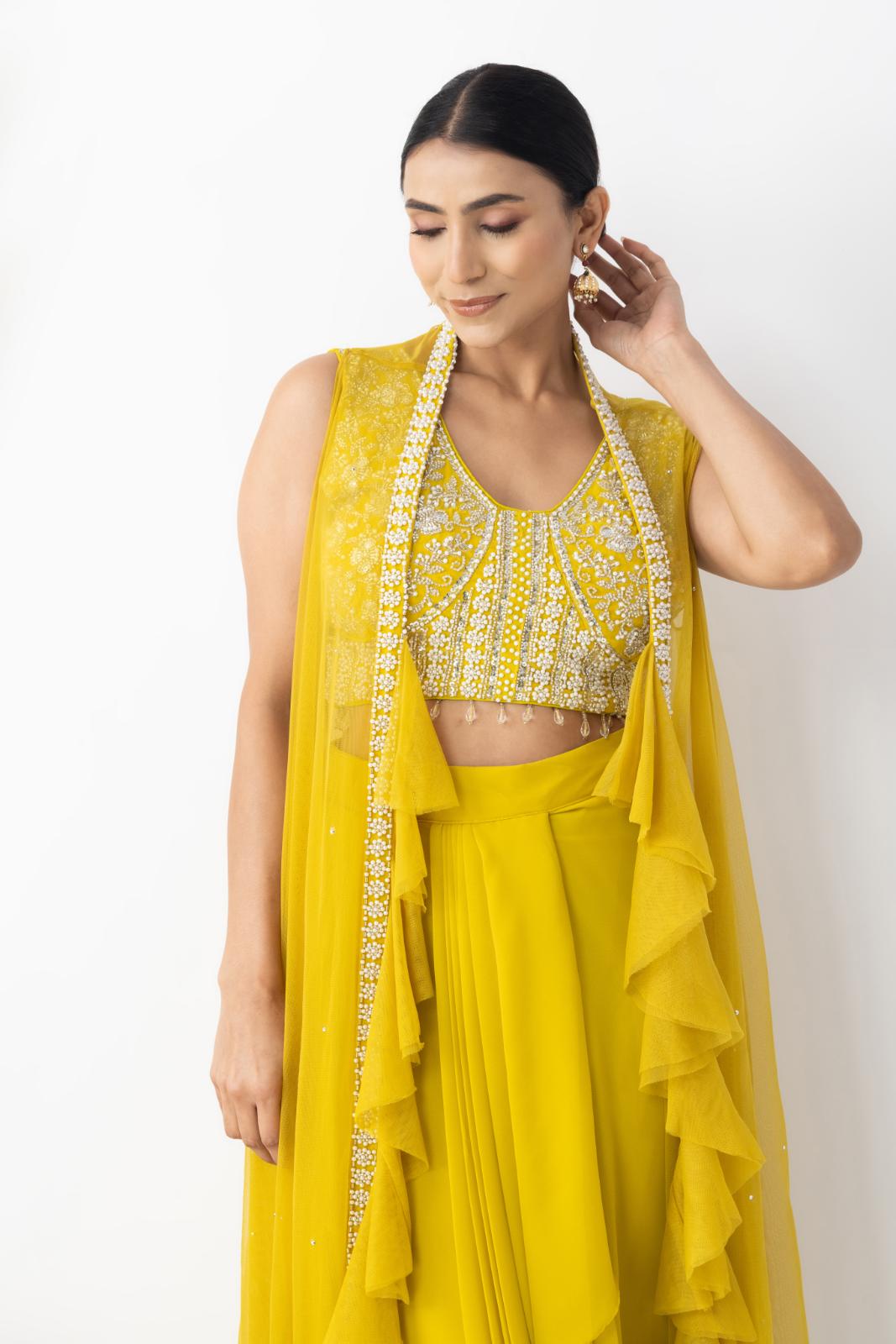 Yellow Embellished Cape Set with Pleated Skirt