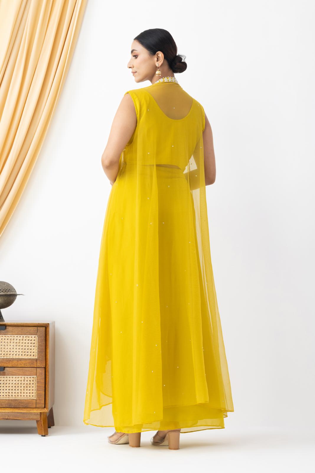 Yellow Embellished Cape Set with Pleated Skirt