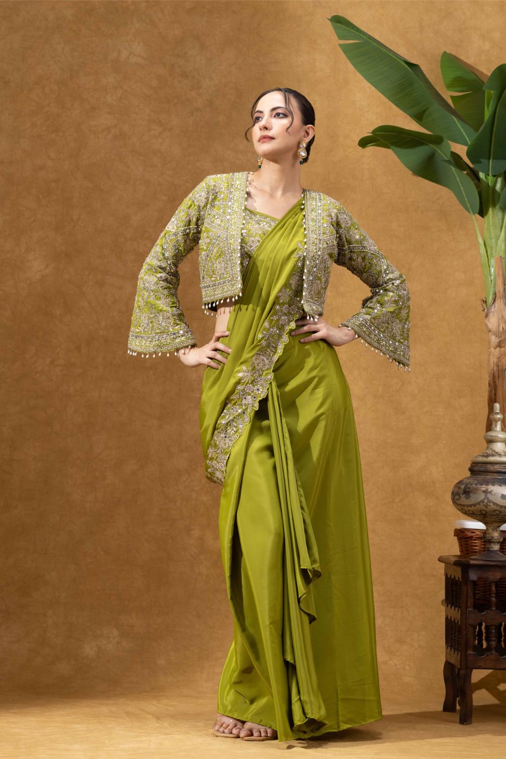 Olive Green Royale Jacket Saree Set