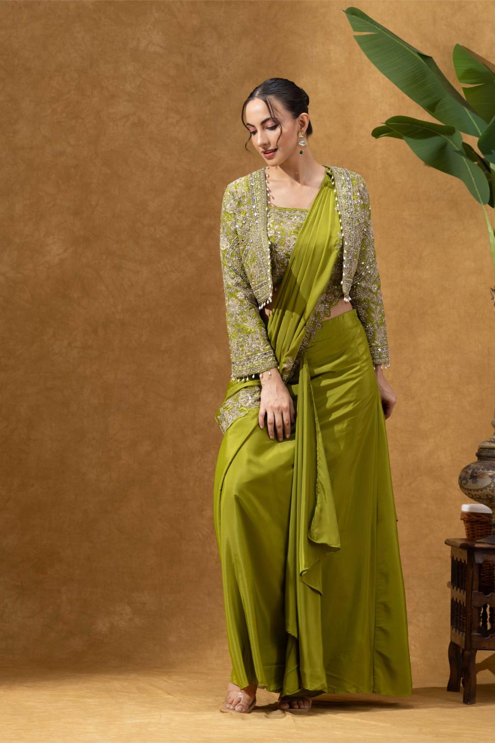Olive Green Royale Jacket Saree Set