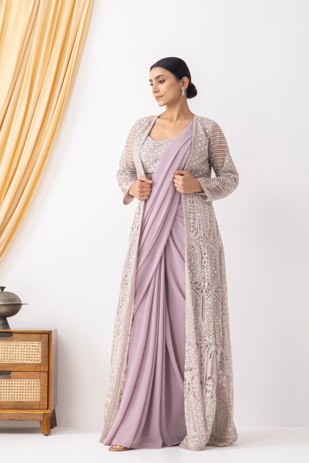 Lilac Draped Saree with Heavy Embroidered Shrug & Blouse