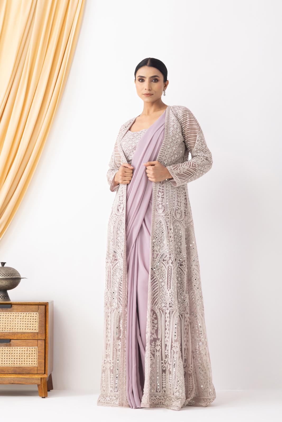 Lilac Draped Saree with Heavy Embroidered Shrug & Blouse