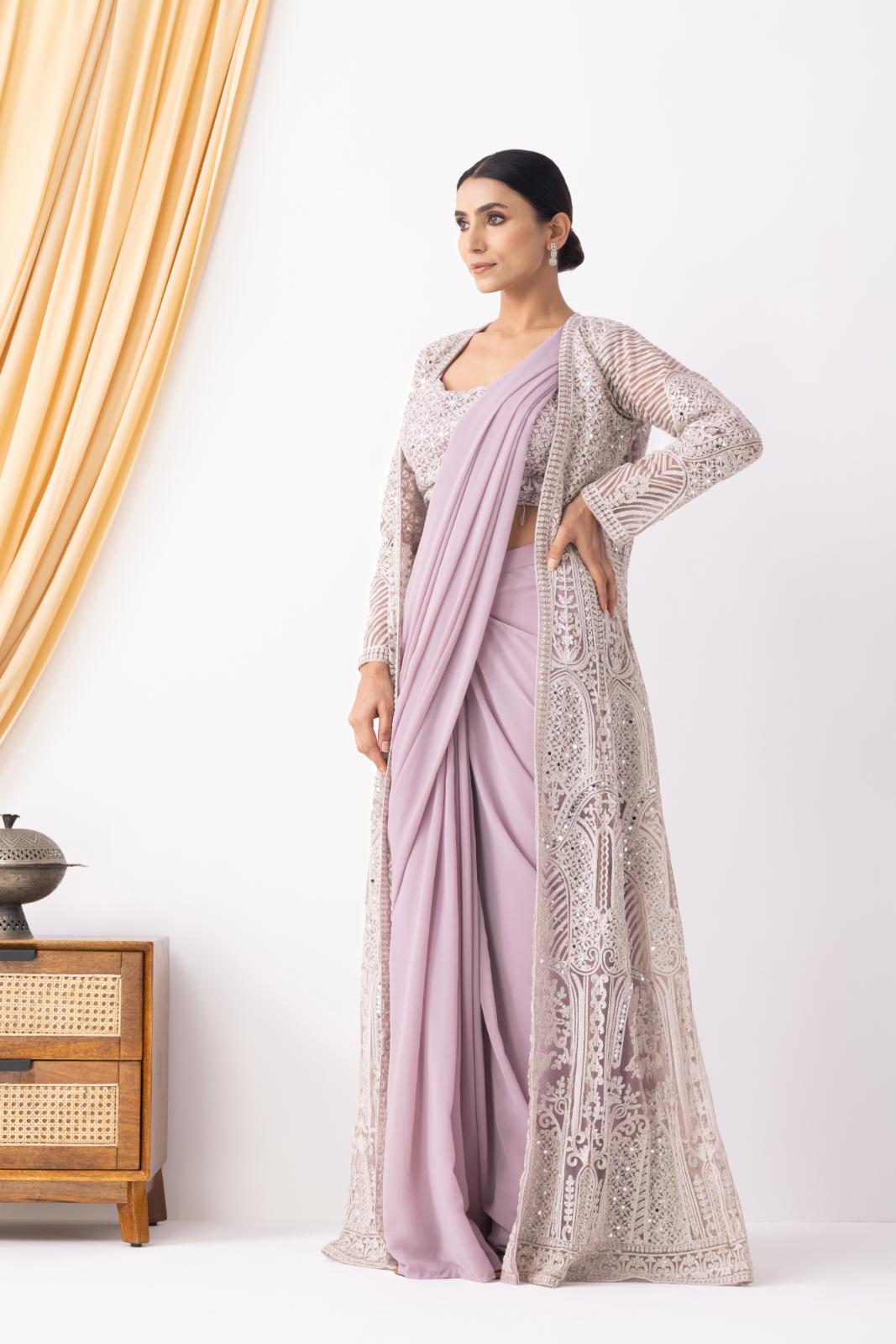 Lilac Draped Saree with Heavy Embroidered Shrug & Blouse