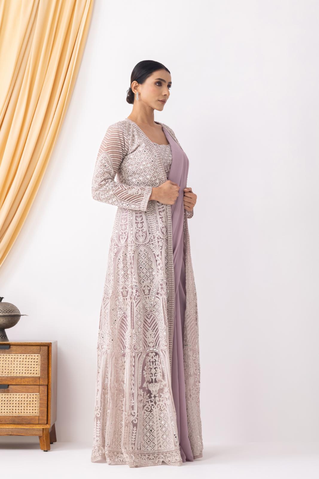 Lilac Draped Saree with Heavy Embroidered Shrug & Blouse