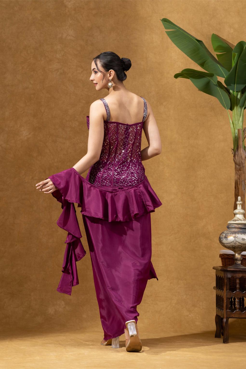 Wine Embellished Corset with Skirt Set