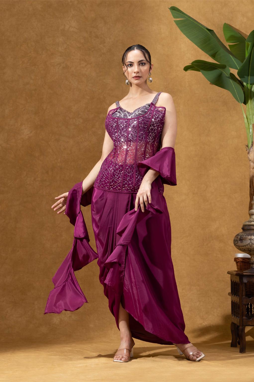 Wine Embellished Corset with Skirt Set
