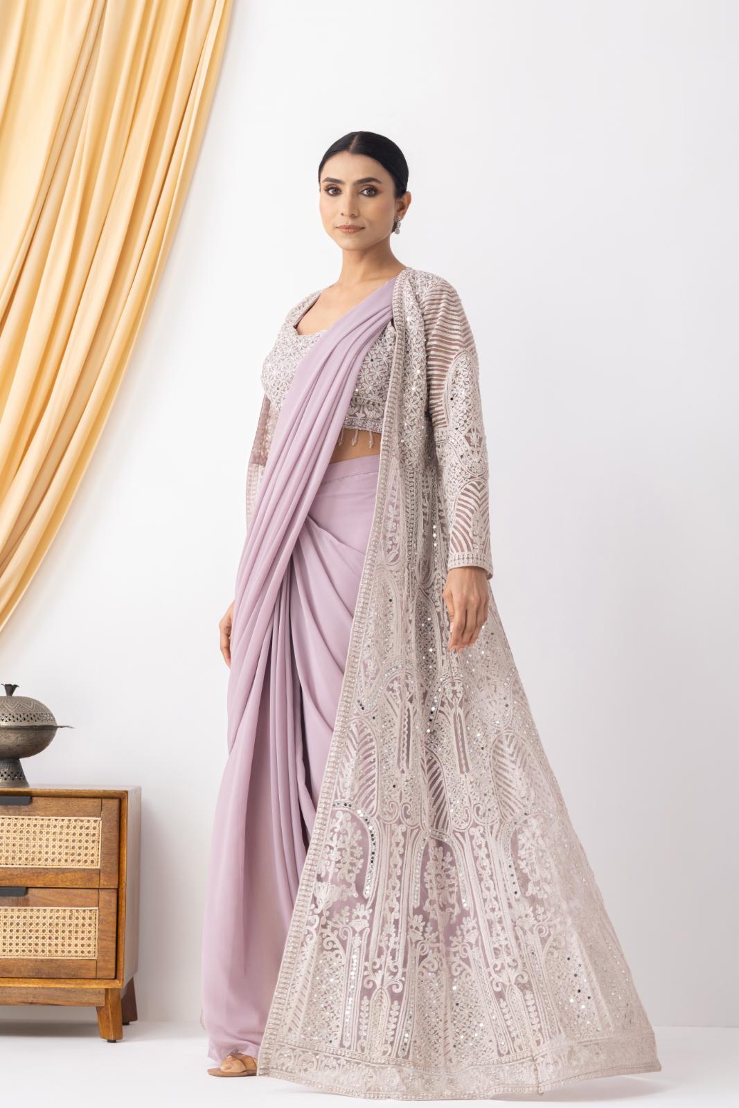 Lilac Draped Saree with Heavy Embroidered Shrug & Blouse