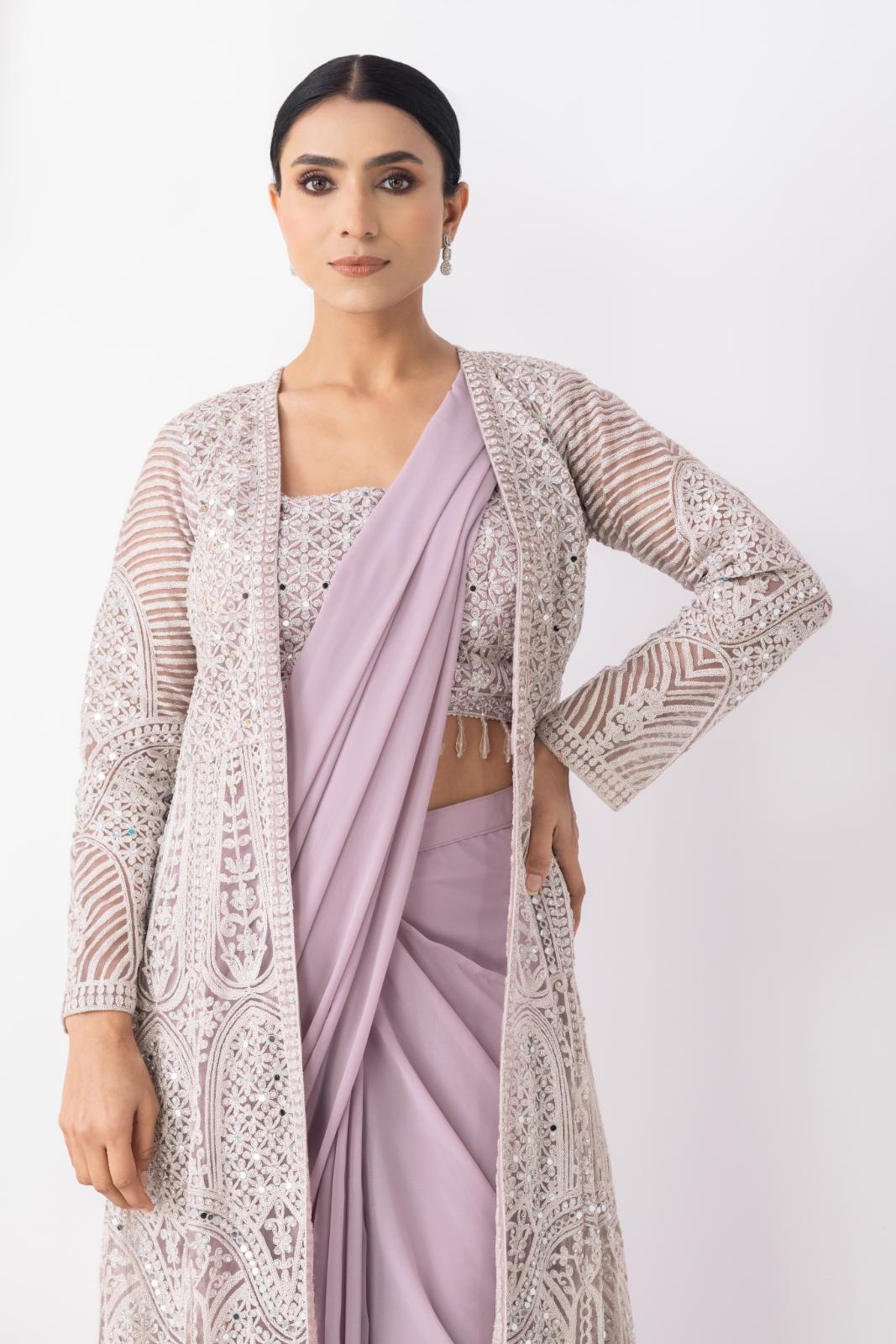 Lilac Draped Saree with Heavy Embroidered Shrug & Blouse