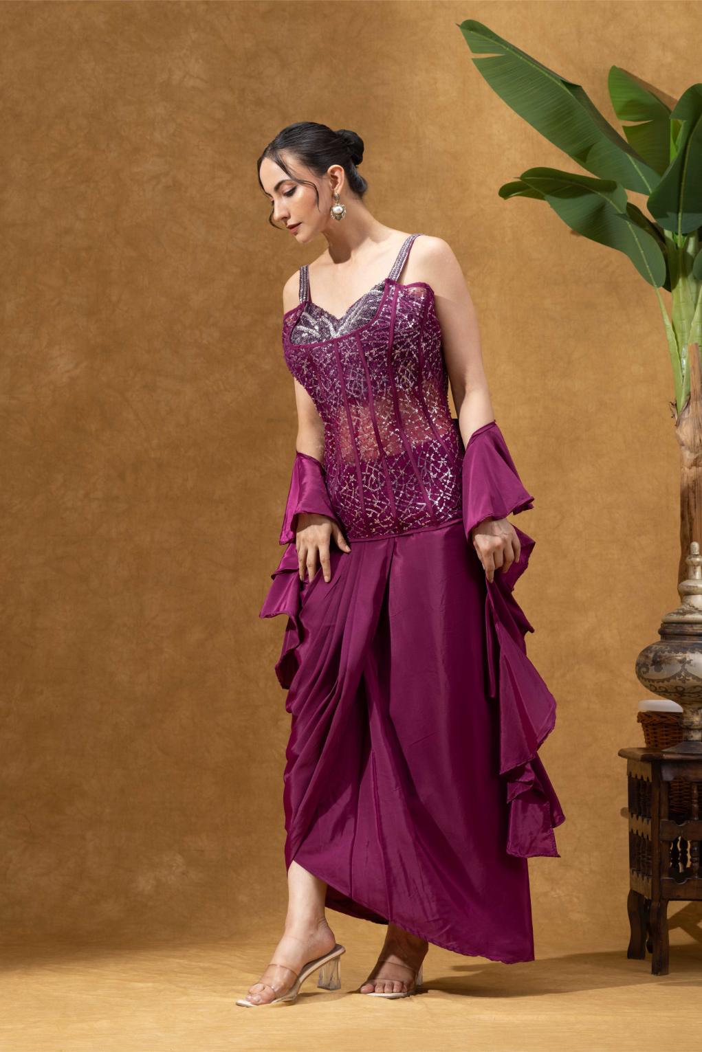 Wine Embellished Corset with Skirt Set