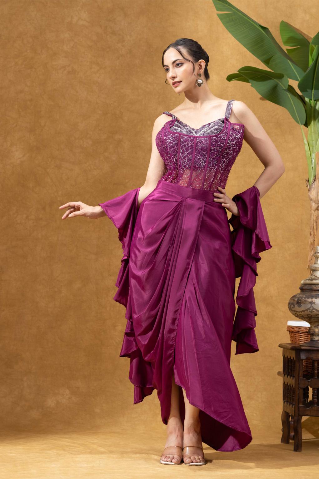 Wine Embellished Corset with Skirt Set