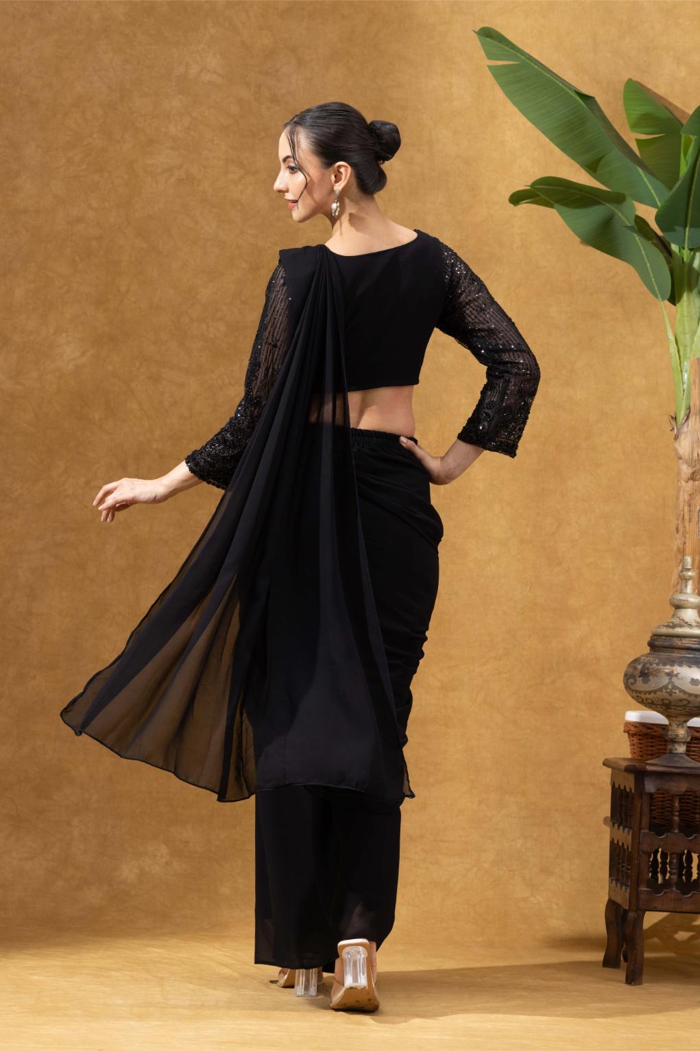 Black Hand-embellished Pre Drape Saree With Full Sleeves Blouse