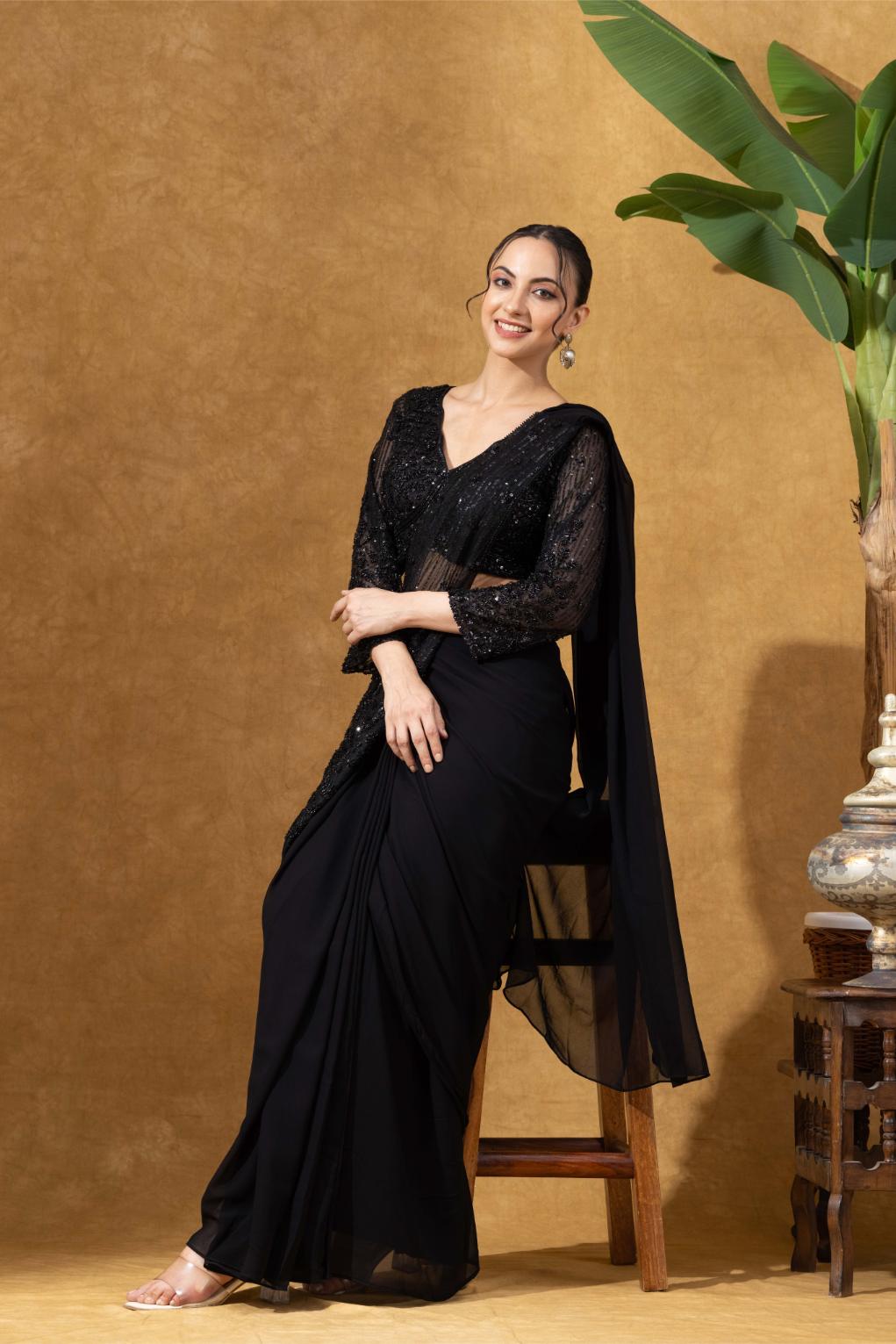 Black Hand-embellished Pre Drape Saree With Full Sleeves Blouse
