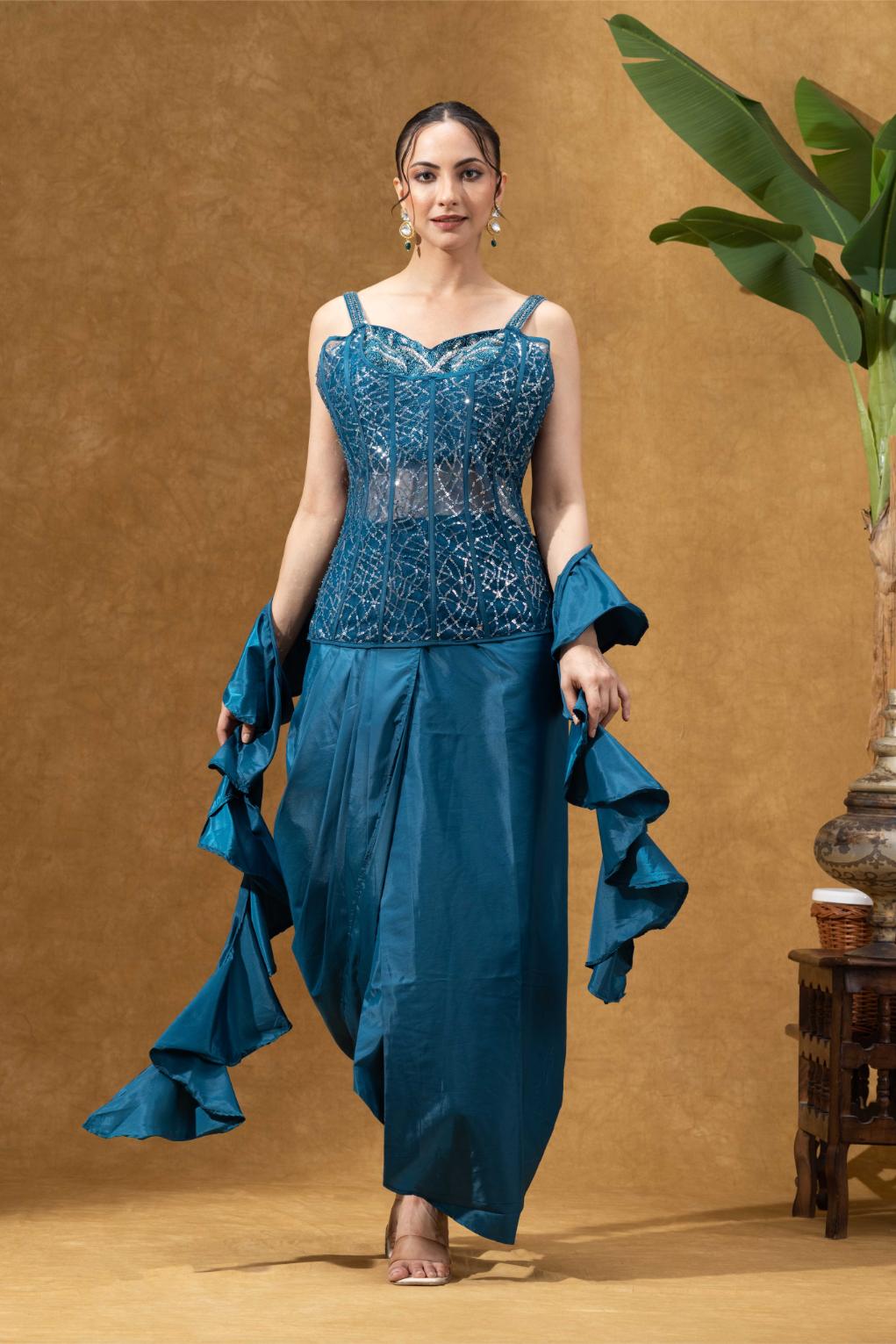 Teal Embellished Corset Set with Skirt & Dupatta