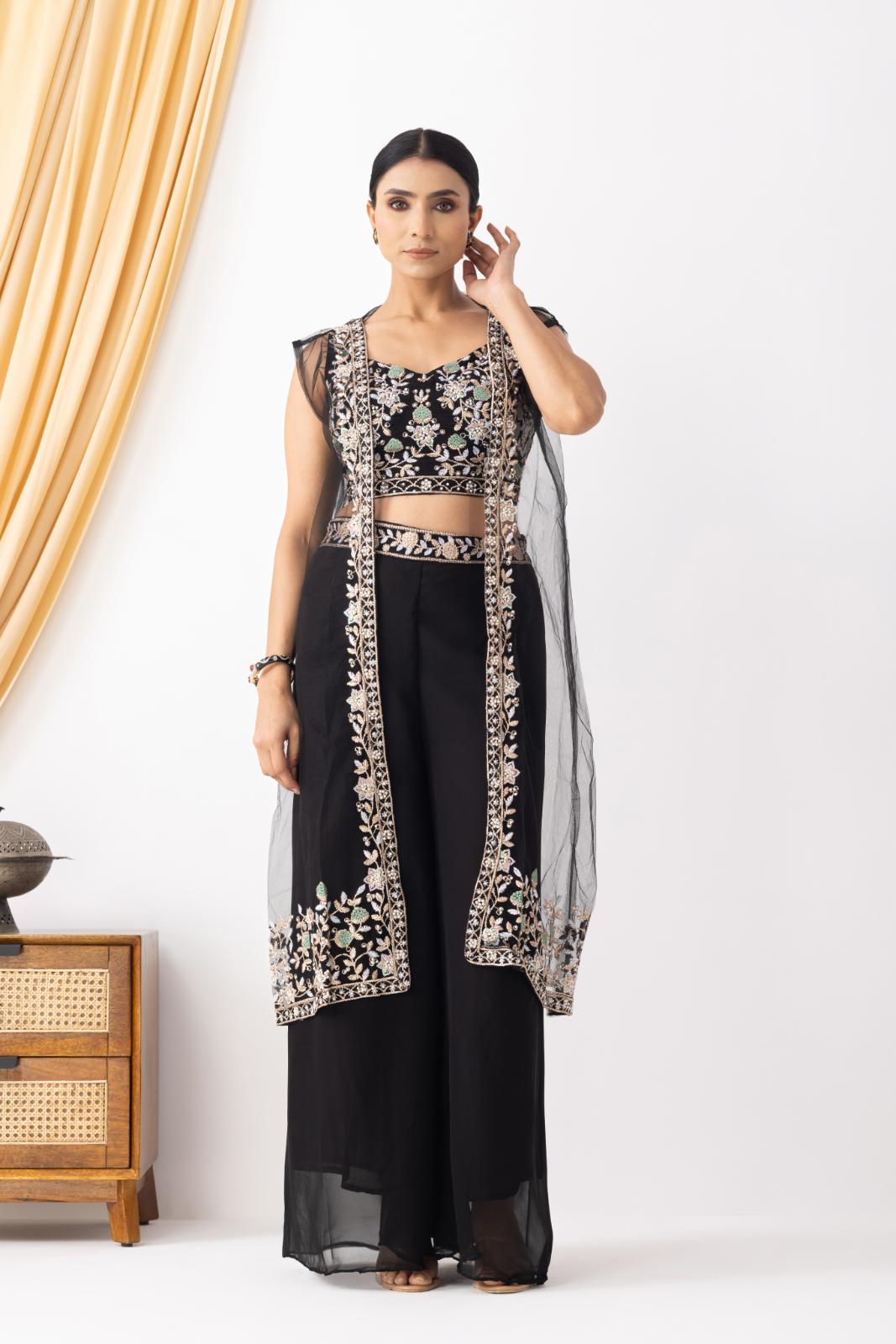 Black Embroidered Crop Top & Sharara Set