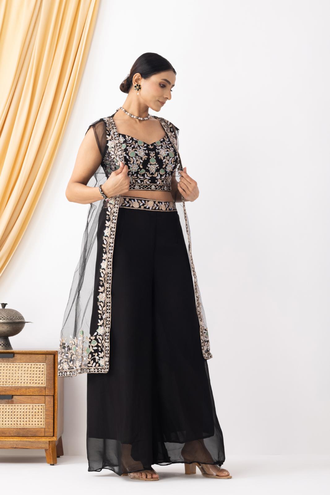 Black Embroidered Crop Top & Sharara Set