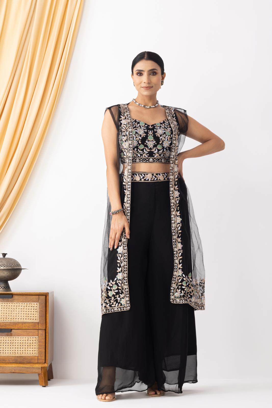 Black Embroidered Crop Top & Sharara Set