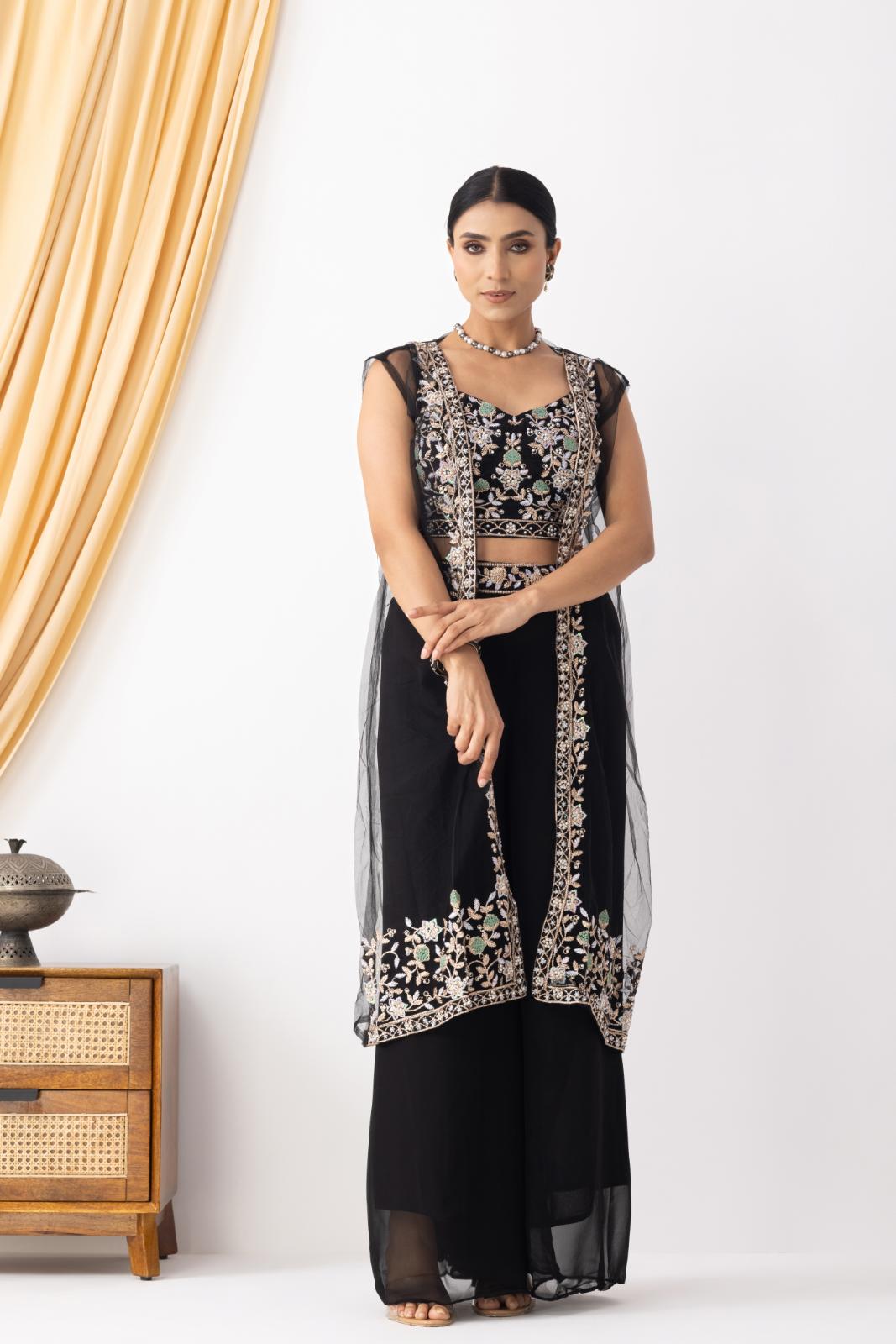 Black Embroidered Crop Top & Sharara Set