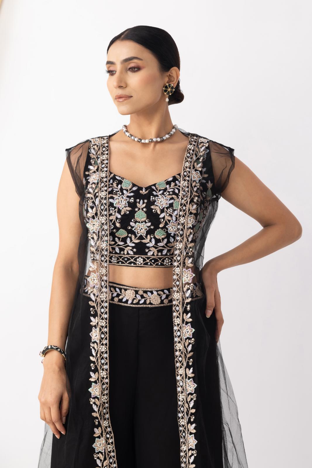Black Embroidered Crop Top & Sharara Set