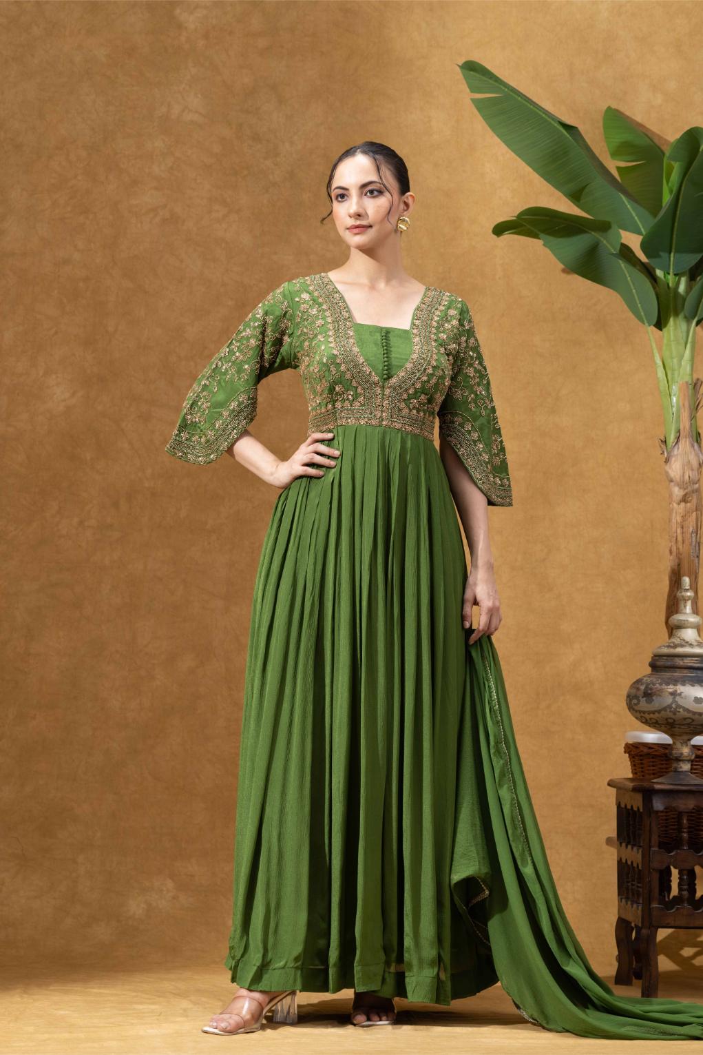 Green Embroidered Anarkali Gown