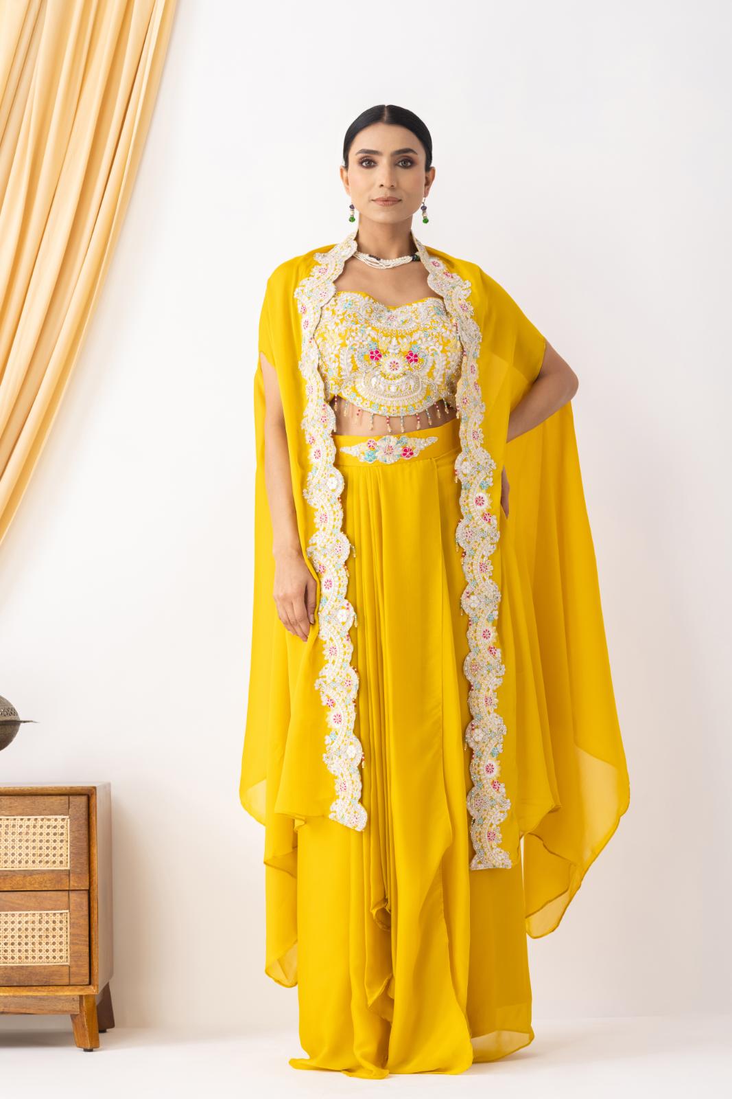 Yellow Draped Fusion Set with Cape Sleeves and Embroidered in Ivory