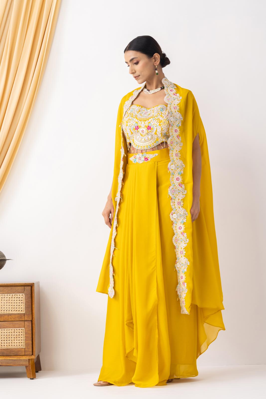 Yellow Draped Fusion Set with Cape Sleeves and Embroidered in Ivory