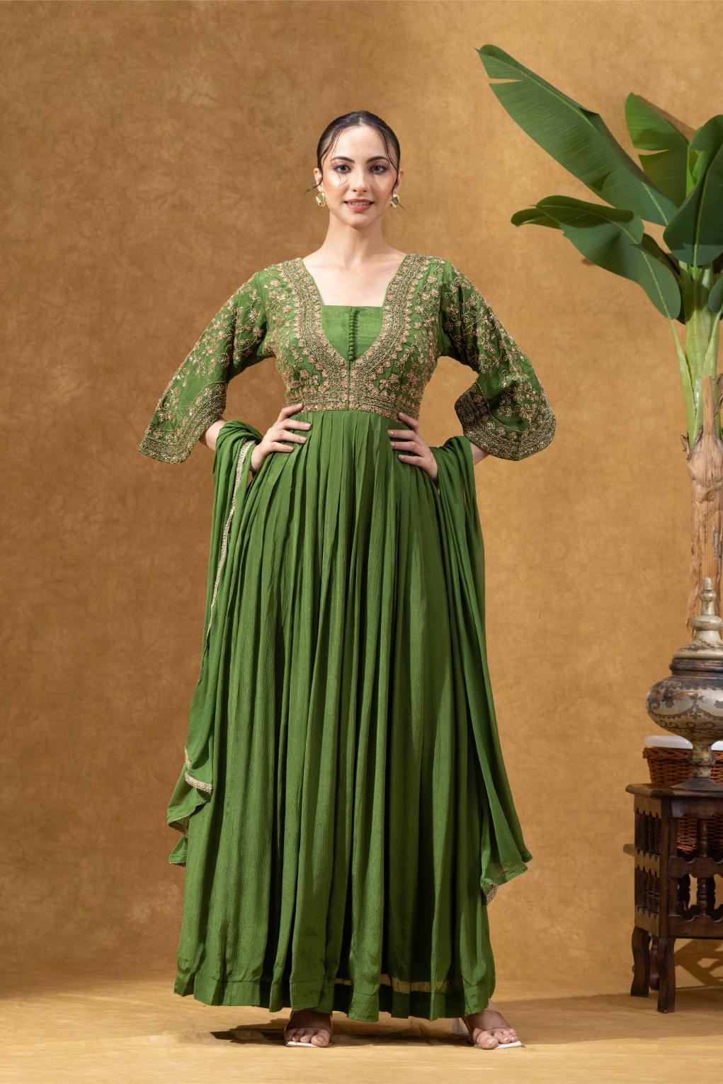 Green Embroidered Anarkali Gown