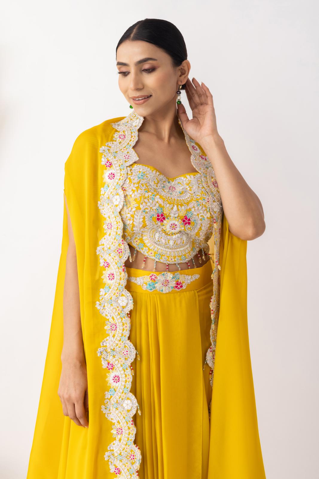 Yellow Draped Fusion Set with Cape Sleeves and Embroidered in Ivory
