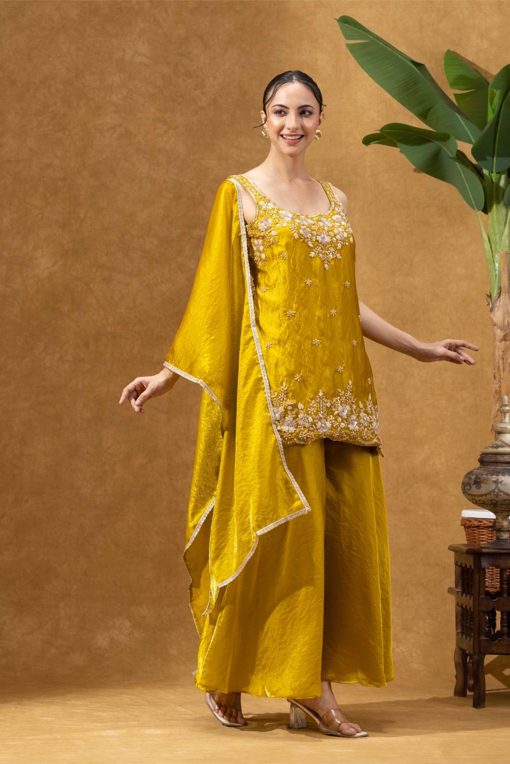 Yellow Embroidered Kurta Palazzo Set