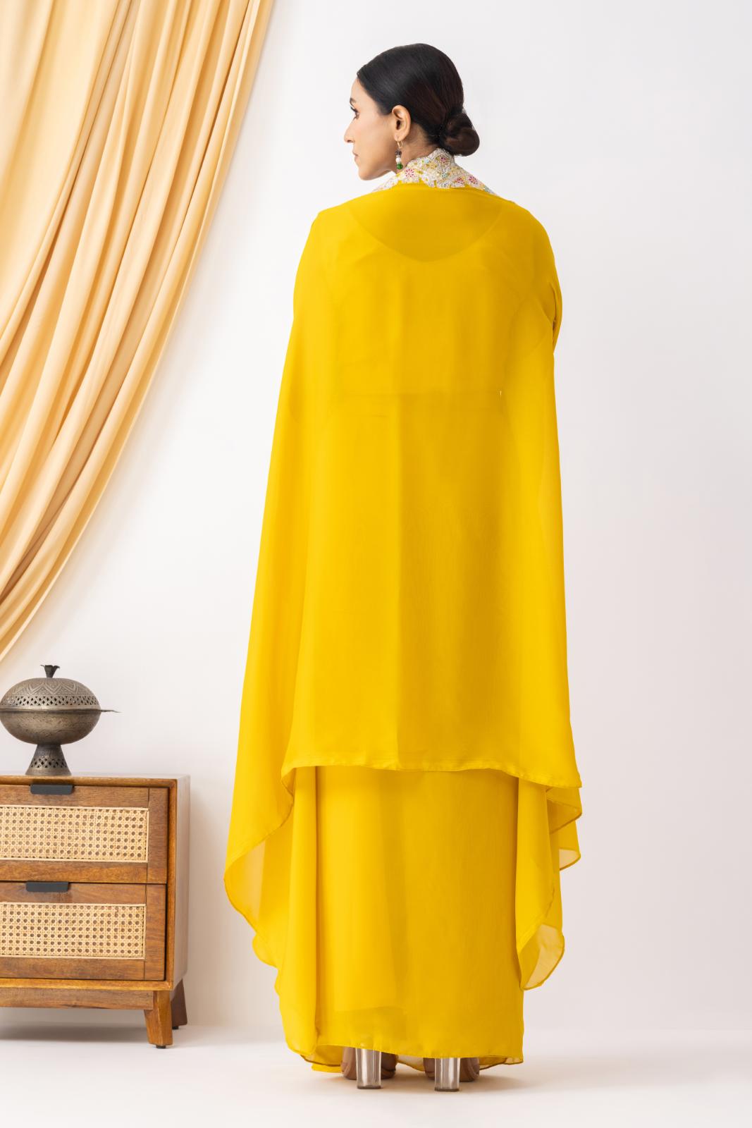 Yellow Draped Fusion Set with Cape Sleeves and Embroidered in Ivory