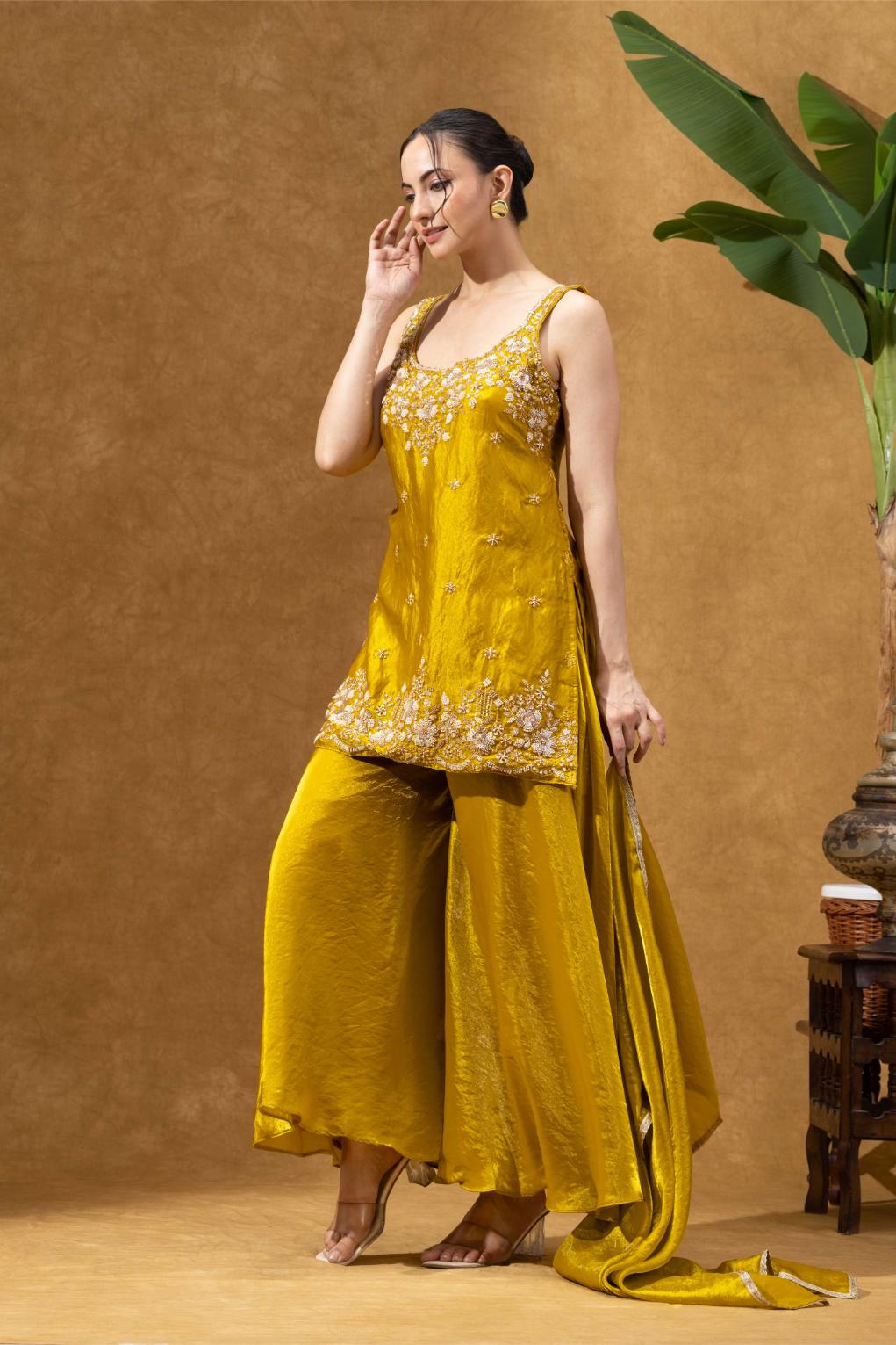 Yellow Embroidered Kurta Palazzo Set