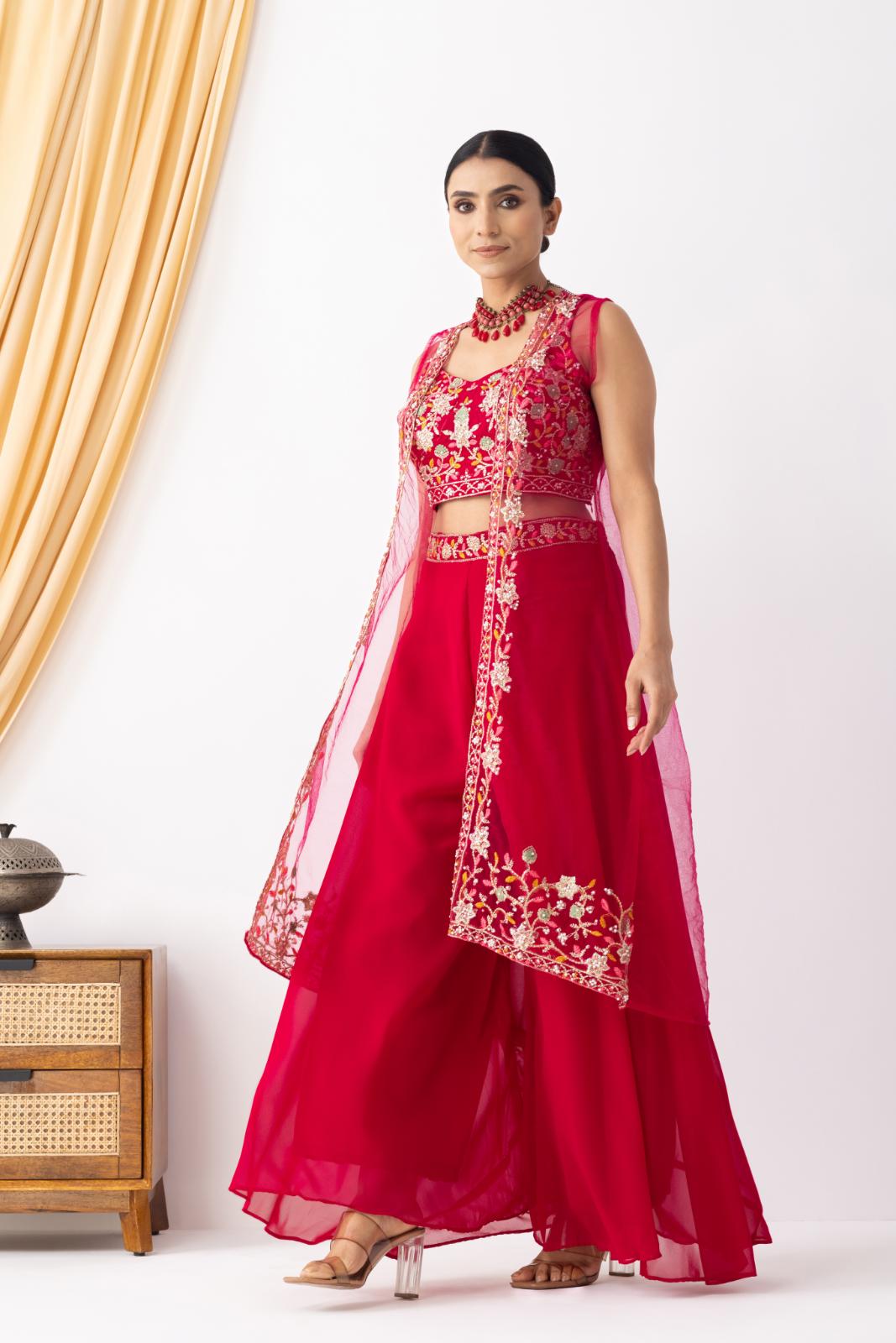 Magenta Pink Embroidered Crop Top & Sharara Set