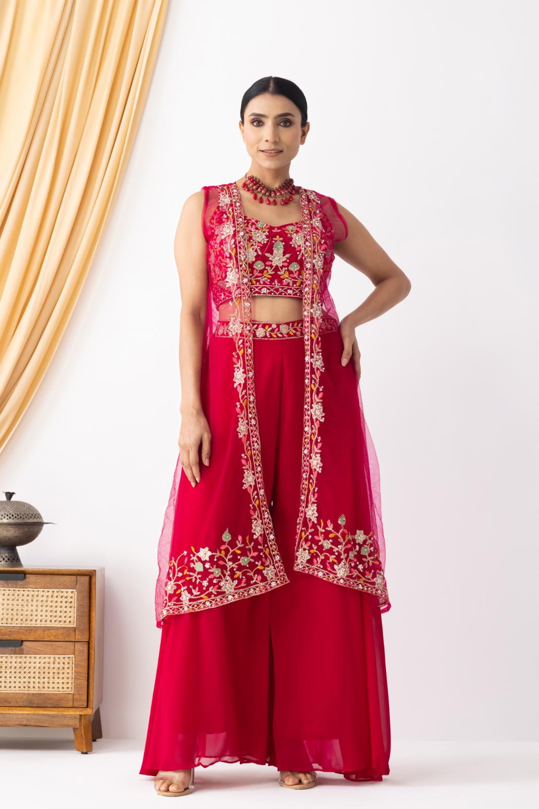 Magenta Pink Embroidered Crop Top & Sharara Set