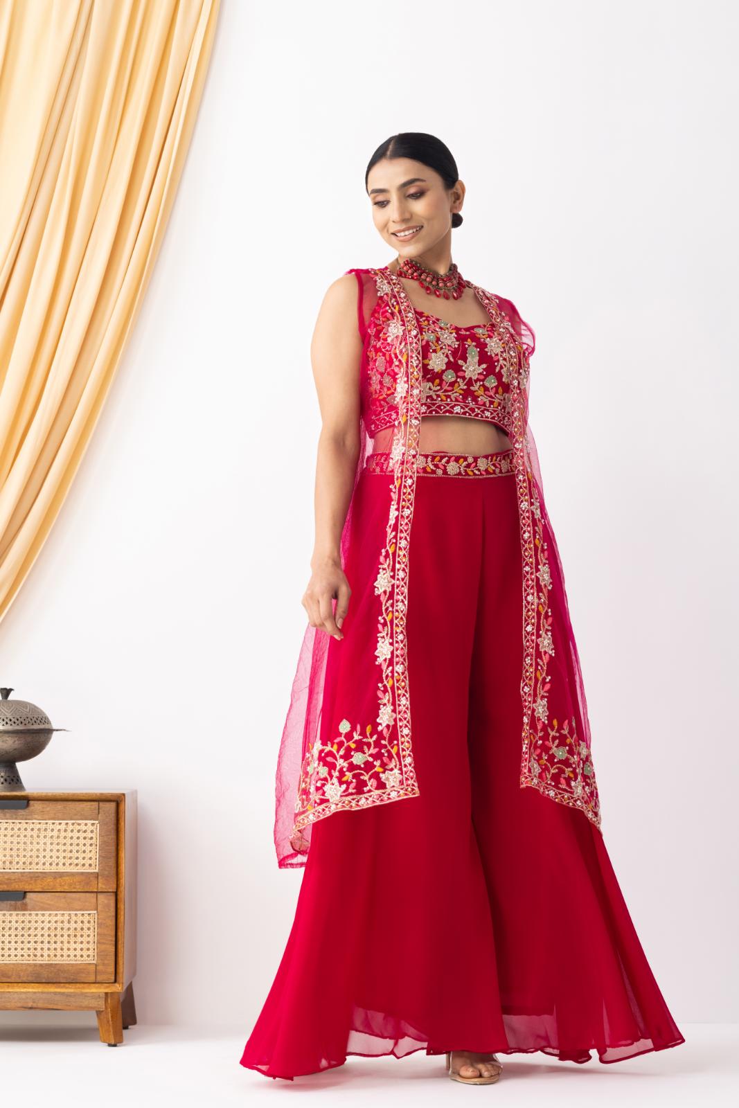 Magenta Pink Embroidered Crop Top & Sharara Set