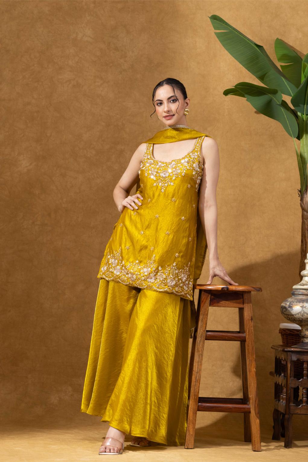 Yellow Embroidered Kurta Palazzo Set