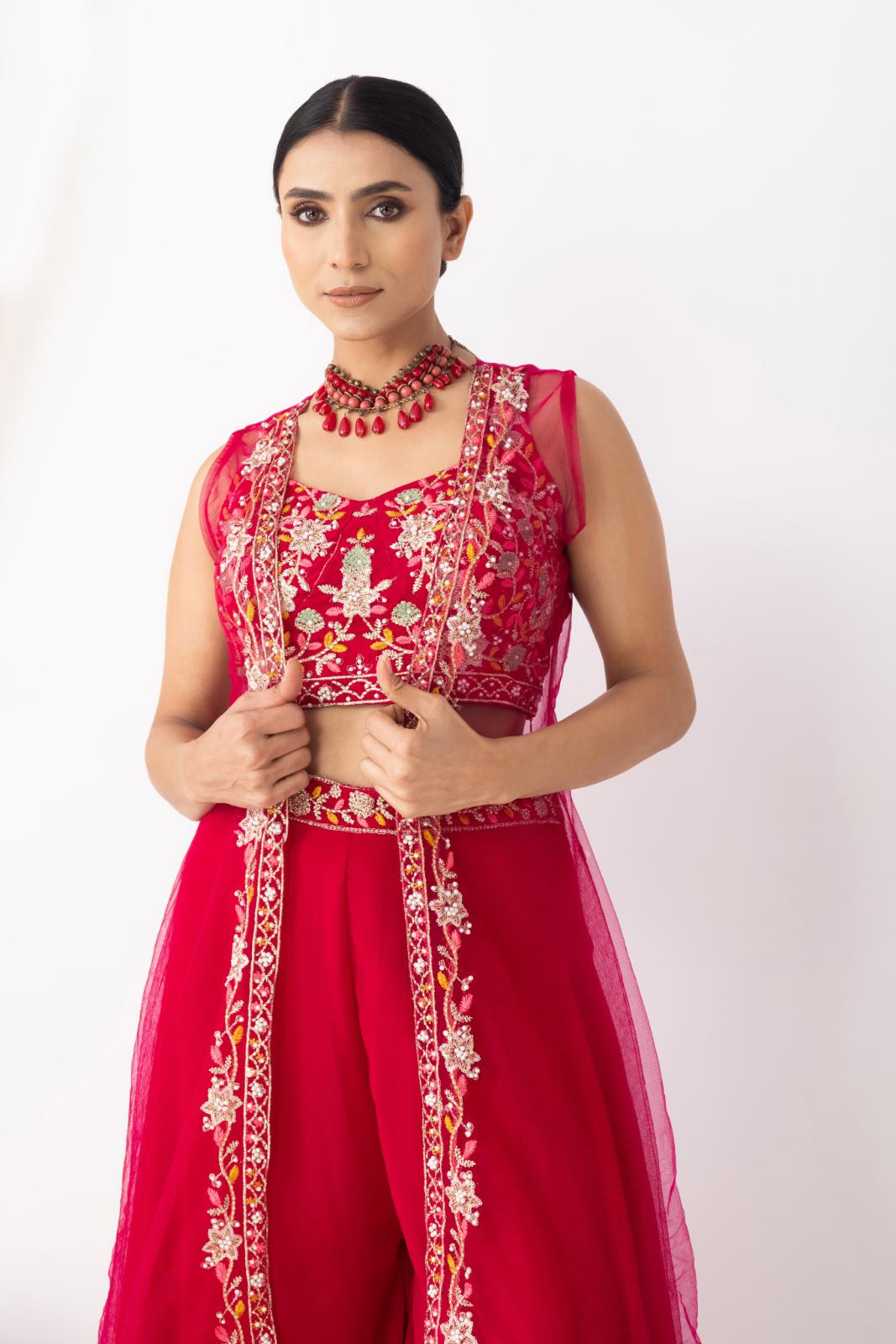 Magenta Pink Embroidered Crop Top & Sharara Set