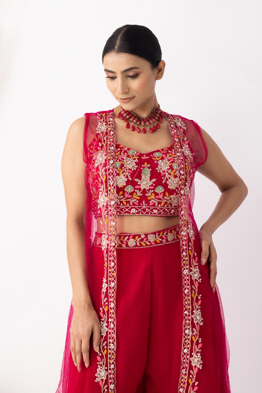 Magenta Pink Embroidered Crop Top & Sharara Set