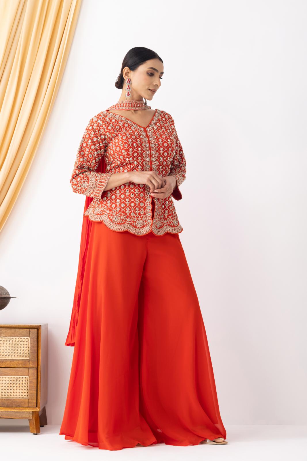 Orange Sharara with Full Embroidered Top & Choker Dupatta