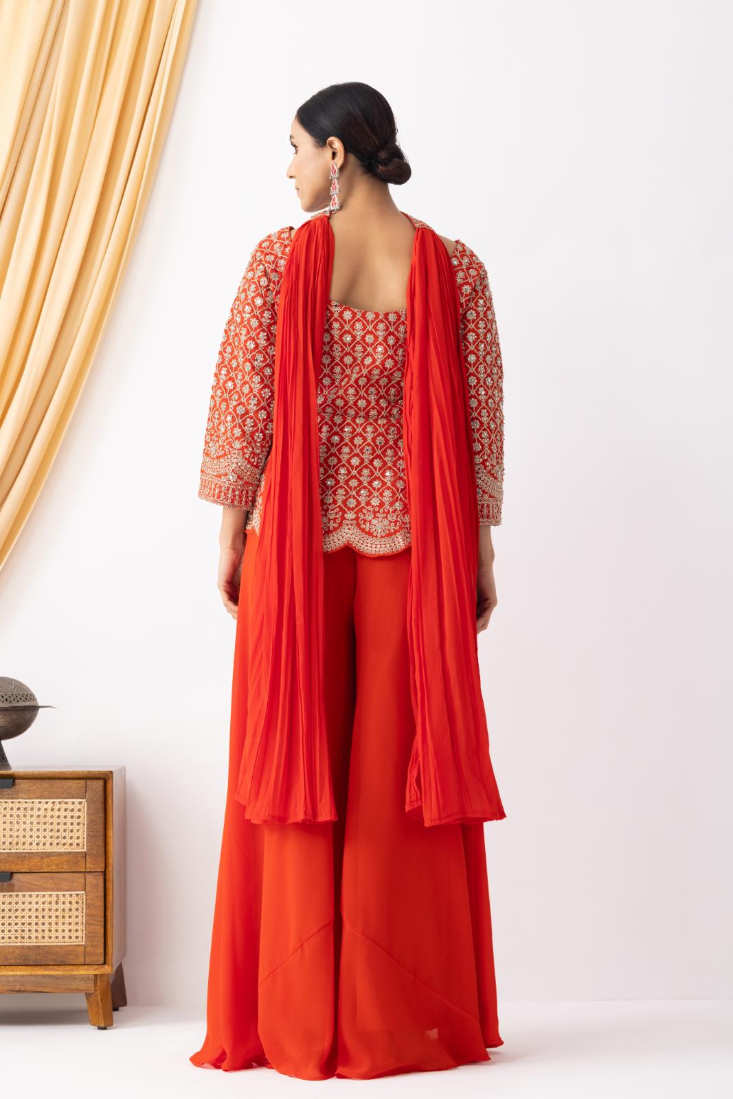 Orange Sharara with Full Embroidered Top & Choker Dupatta