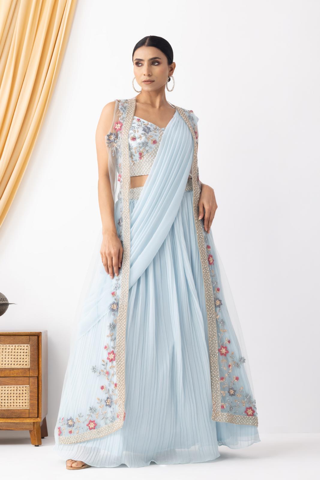 Powder Blue Georgette Draped Jacket Saree Set