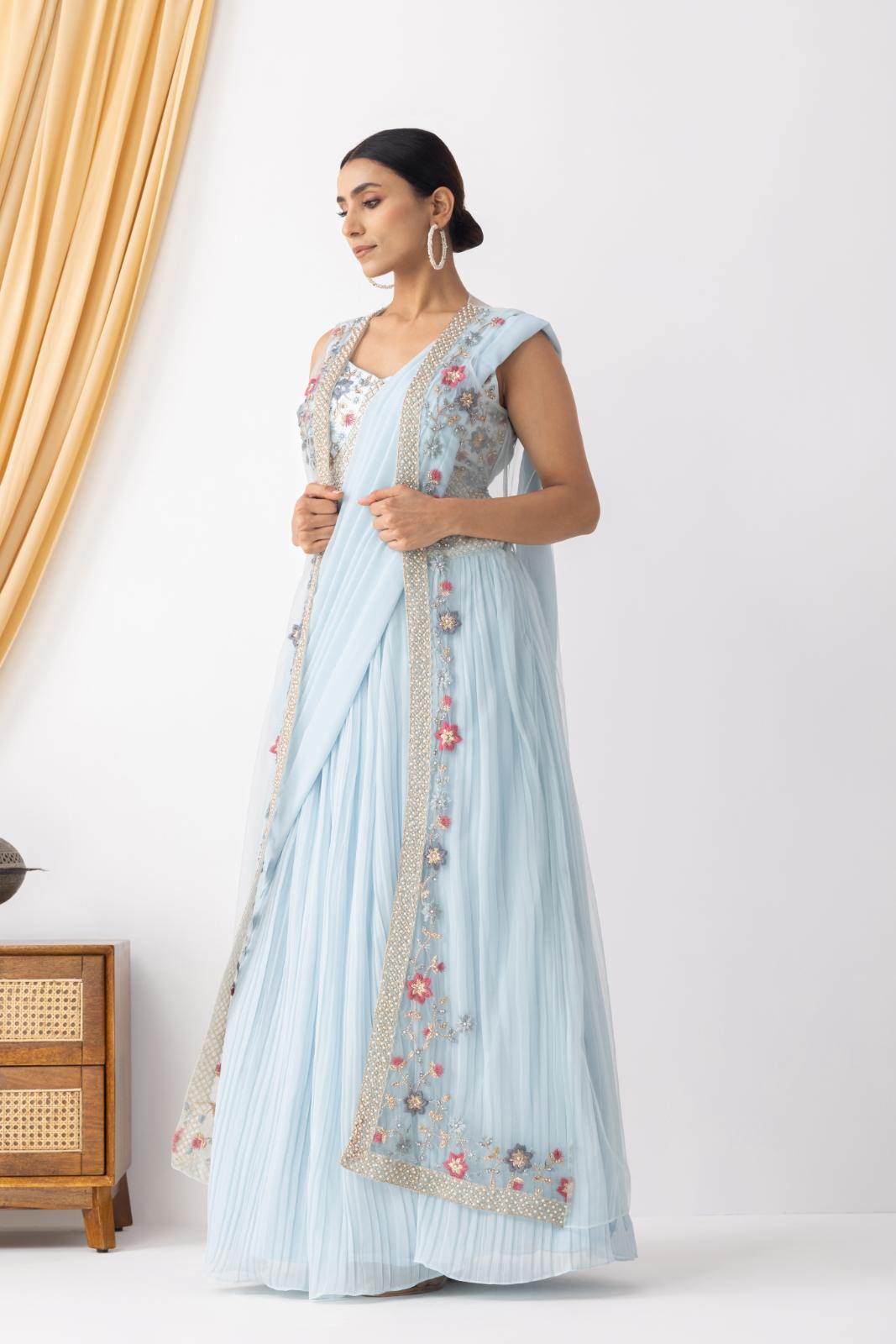 Powder Blue Georgette Draped Jacket Saree Set